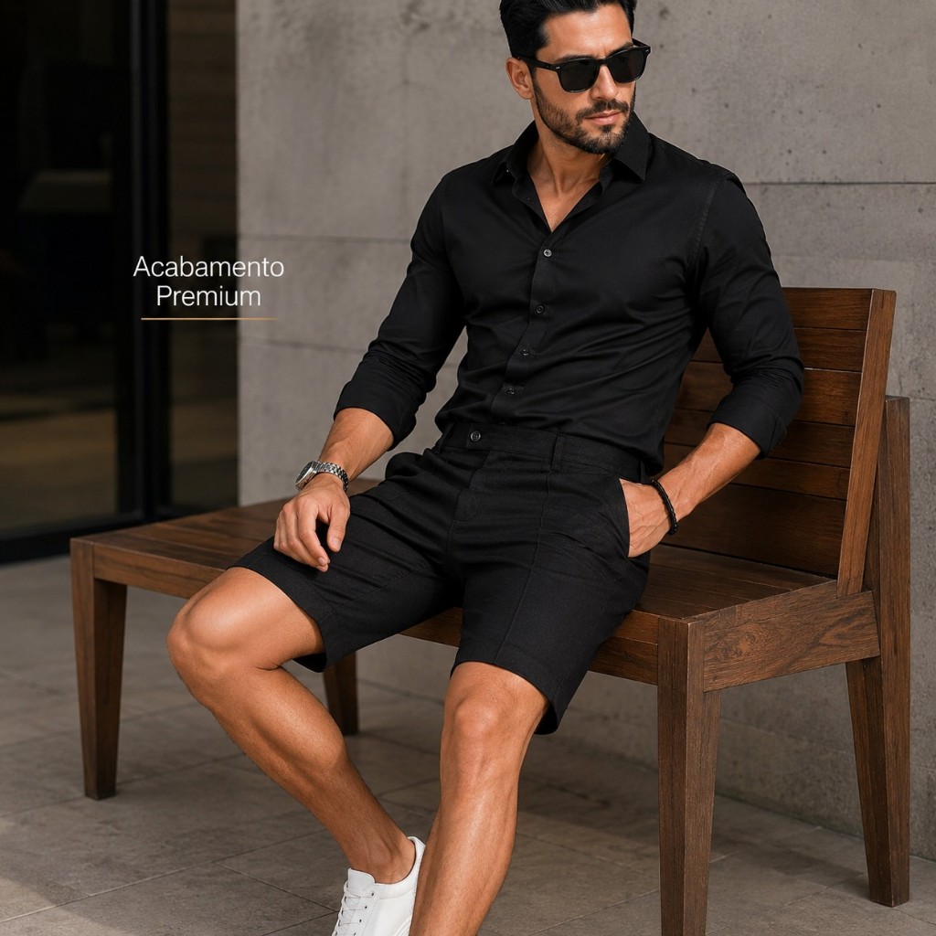 Shorts Bermuda Sport Fino Masculino Elastano Nervura Risco na Frente Preto Premium Alfaiataria Elegante Social