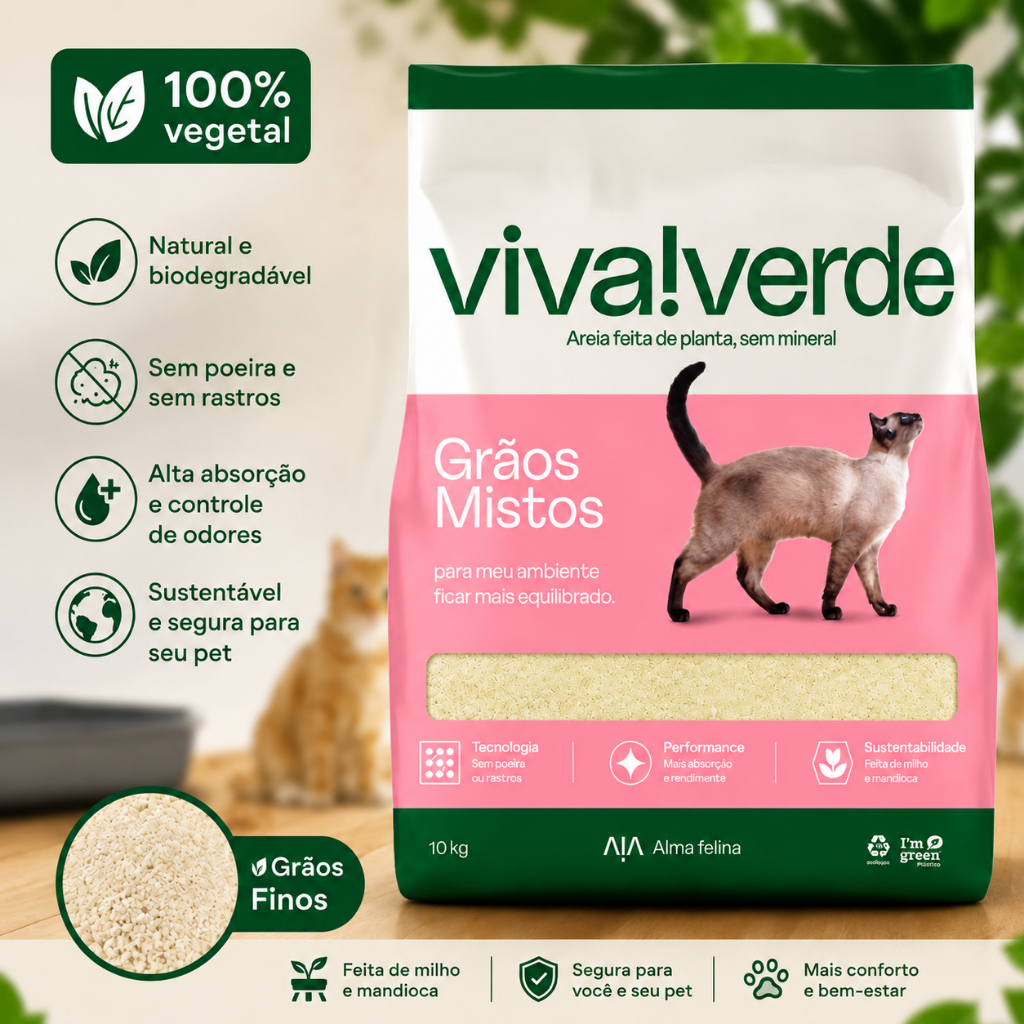 Areia Higiênica Biodegradável Milho e Mandioca Grãos Mistos Viva Verde 4 kg