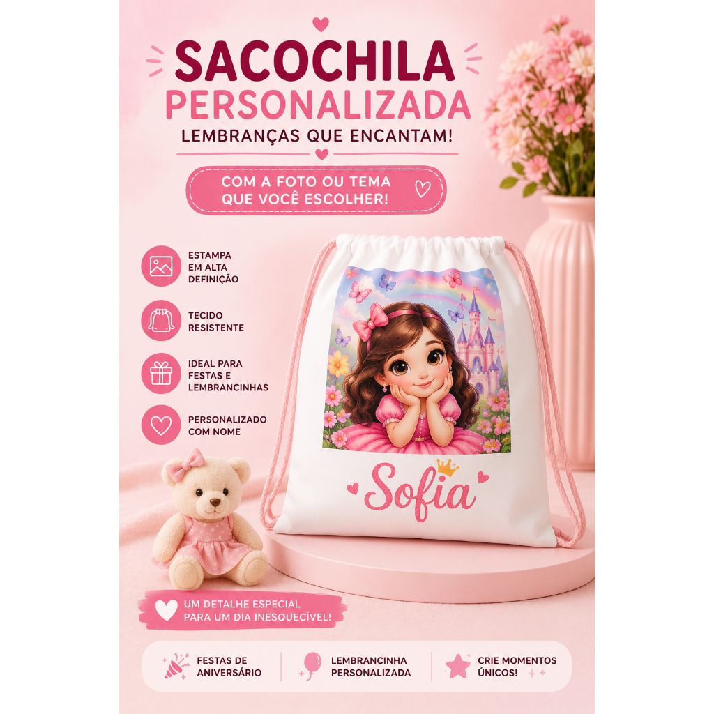KIT 10 Sacolinhas Surpresa Personalizadas Tecido com Nome e Tema Festa Infantil Lembrancinha Aniversário 15x20cm