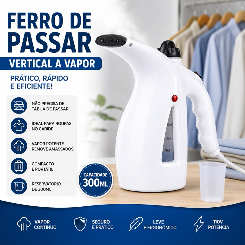 Ferro de Passar Vertical a Vapor 300ml 110V Portátil Vaporizador Steamer para Roupas Branco