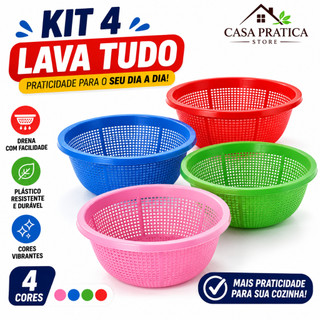 Kit com 4 Cestos Lava Tudo | Escorredor Multiuso para Frutas, Verduras e Massas