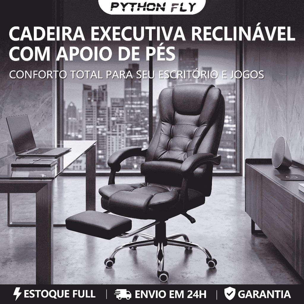 Cadeira de escritório presidente, cadeira de home office com apoio para os pés e encosto ajustável（Preto）