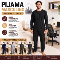 Conjunto de Pijama Masculino Adulto Manga Longa Calça em Malha Confortavel Inverno