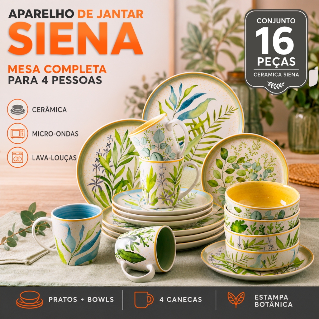 Aparelho de Jantar 16 Peças ​Cerâmica Siena com Bowls Pratos de Jantar e Sobremesa Rasos
