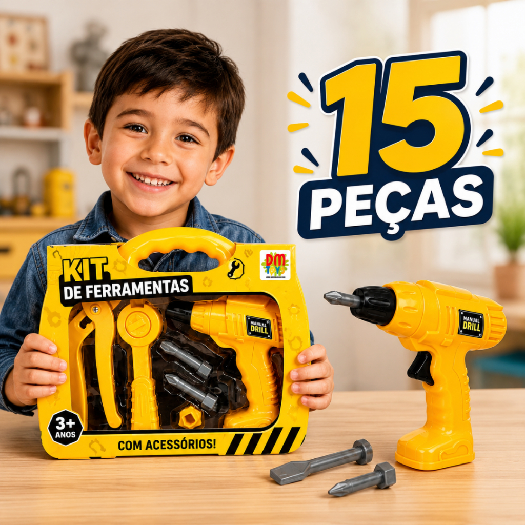 Kit Maleta de Ferramentas Infantil Furadeira que Gira Alicate Chave Catraca Brinquedo Educativo Presente Criança