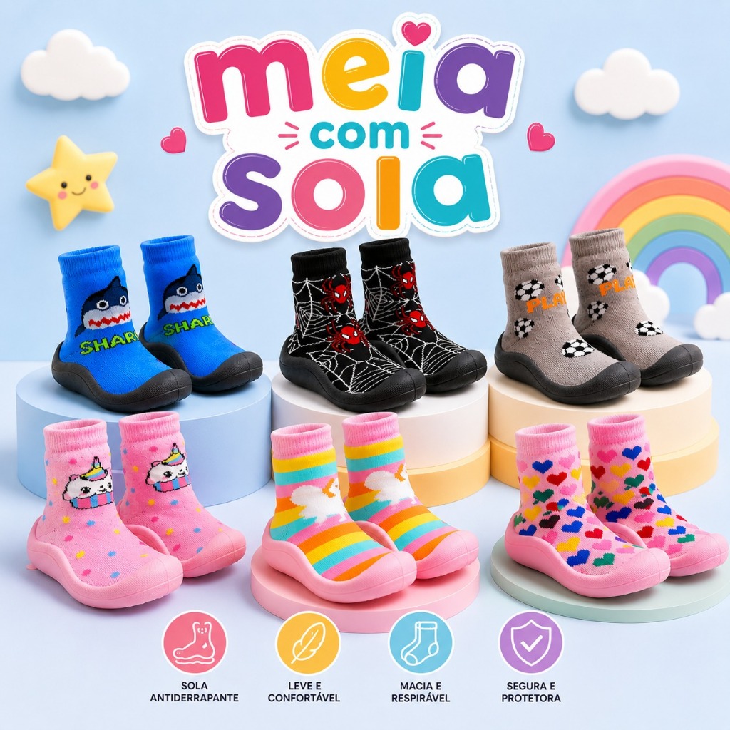 Meia Infantil Com Sola Menino e Menina Leve e Confortável