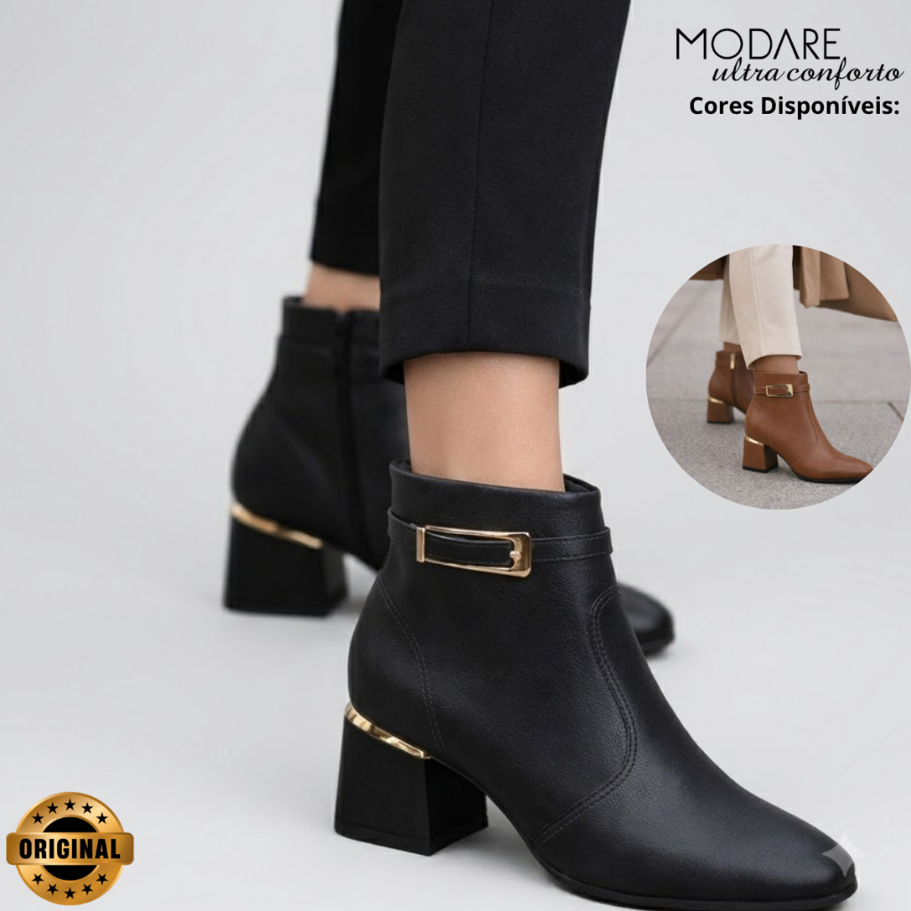 Bota Modare Feminino Ultraconforto Cano Curto Salto Grosso Detalhe Fivela Decorativa Original