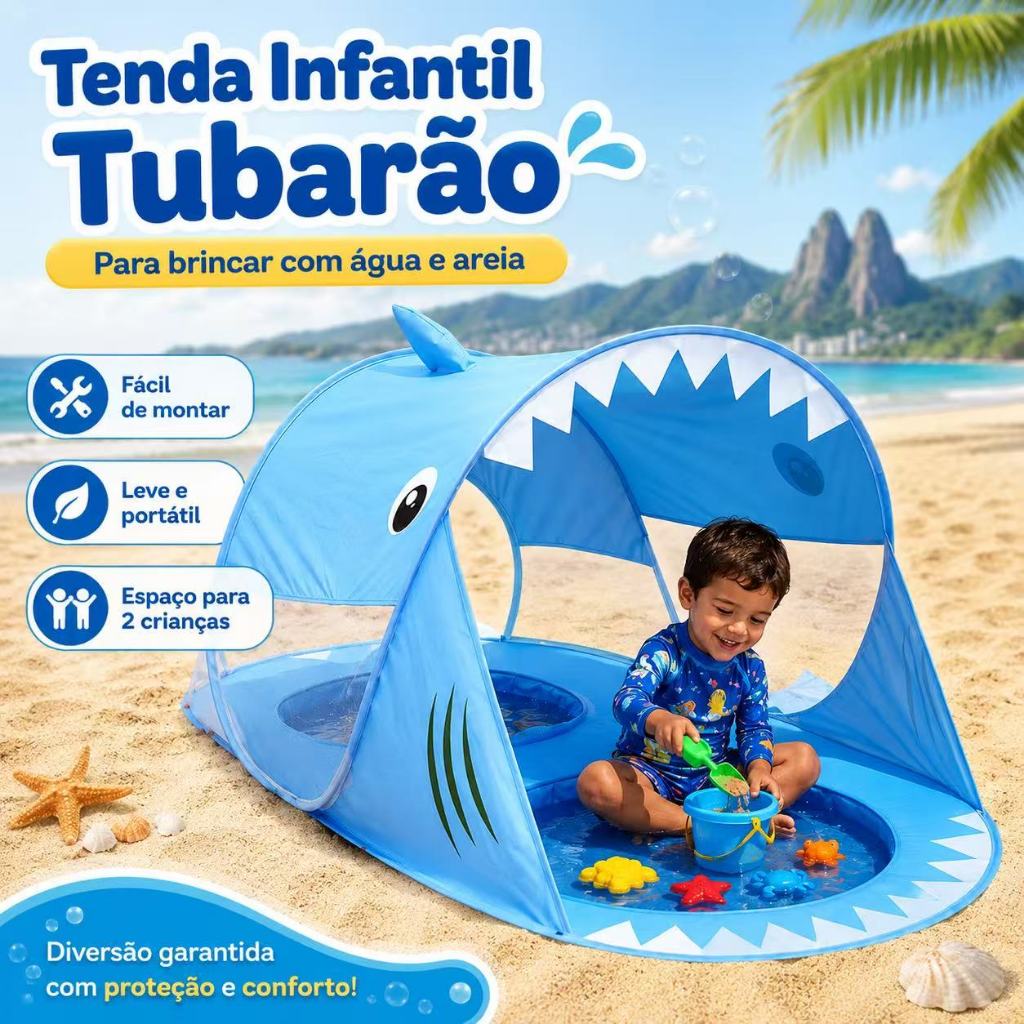 Tenda Infantil Tubarão com Área para Água e Areia com 2 pisinas Dobrável, Espaçosa e Fácil de Transportar