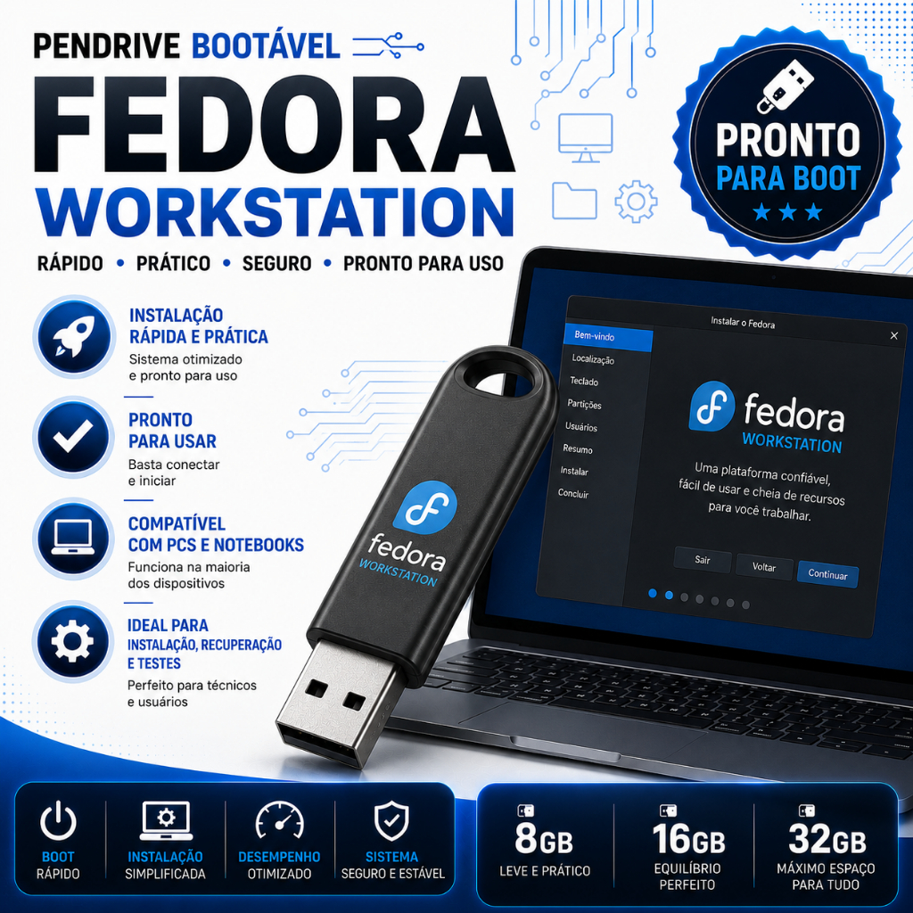 Pendrive Bootável Fedora Workstation | USB Instalador Linux | 8GB • 16GB • 32GB 