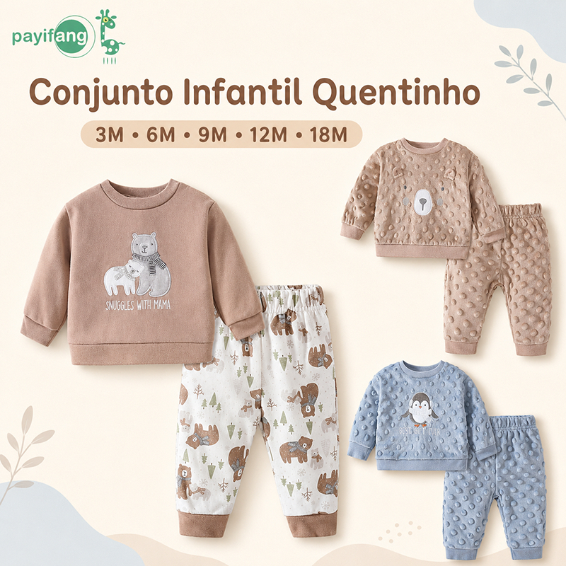 Payifang Conjunto Moletom Bebê Menino Inverno 2 Peças Blusa Manga Longa e Calça Roupa de Frio Infantil 3M a 12M