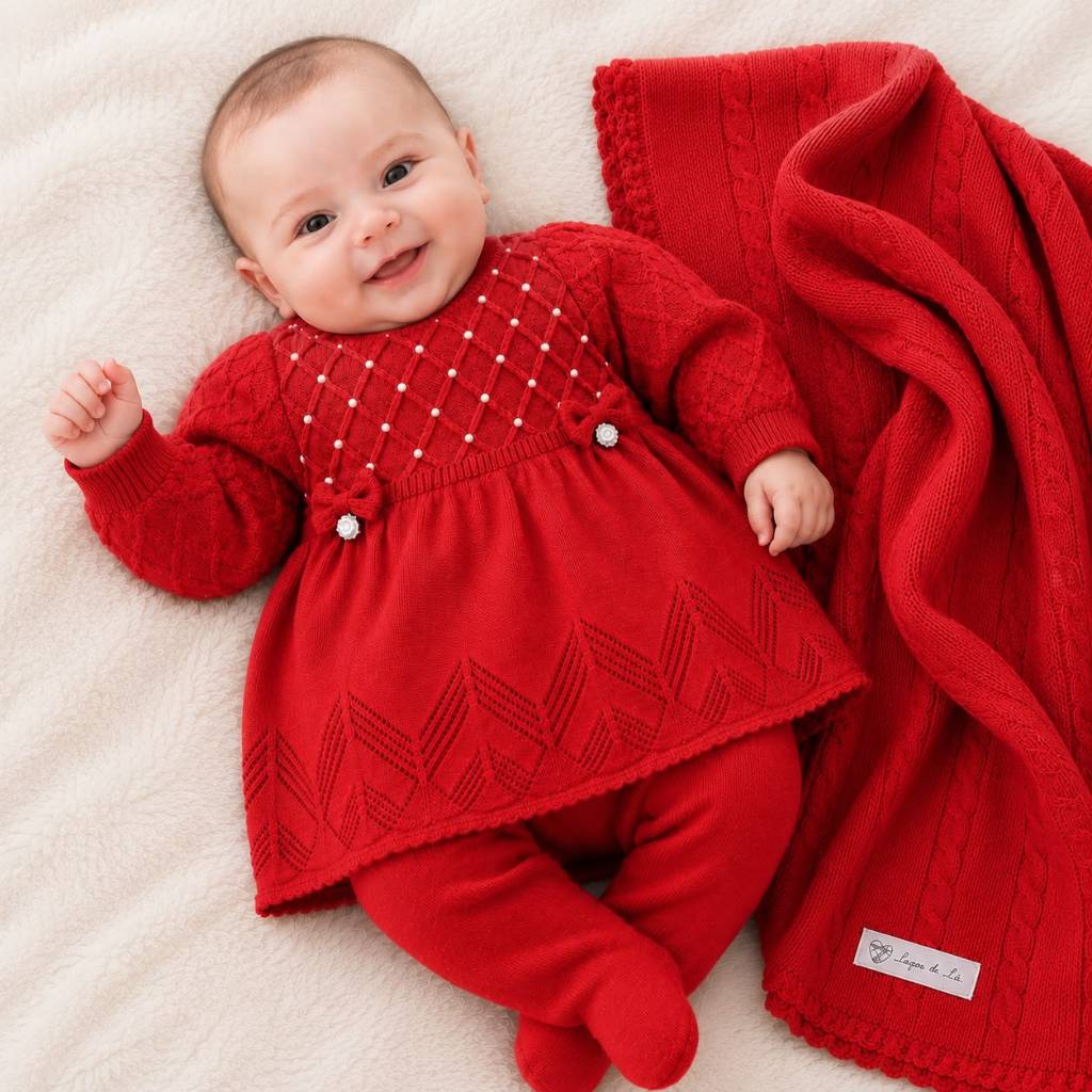 Conjunto Saída Maternidade Menina Vestido Tricot Calça Manta Recém Nascido
