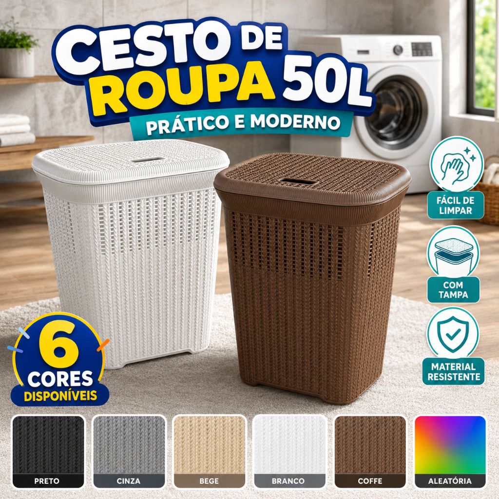 Cesto de roupa Rattan e Roupa 50 Litros com Tampa Ventilado para Lavanderia