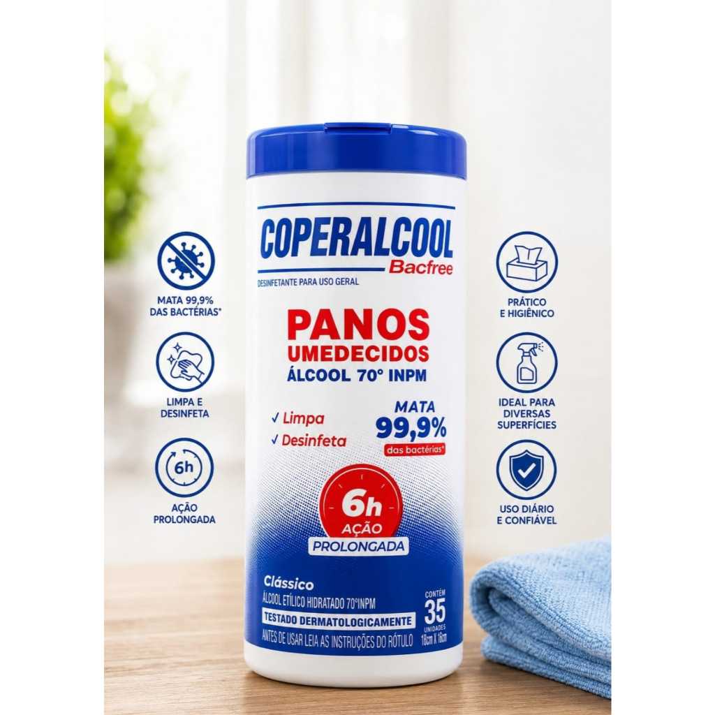Panos Umedecidos com Álcool 70° Coperalcool Bacfree-pote com 35 Unidades OU Refil com 50 Unidades