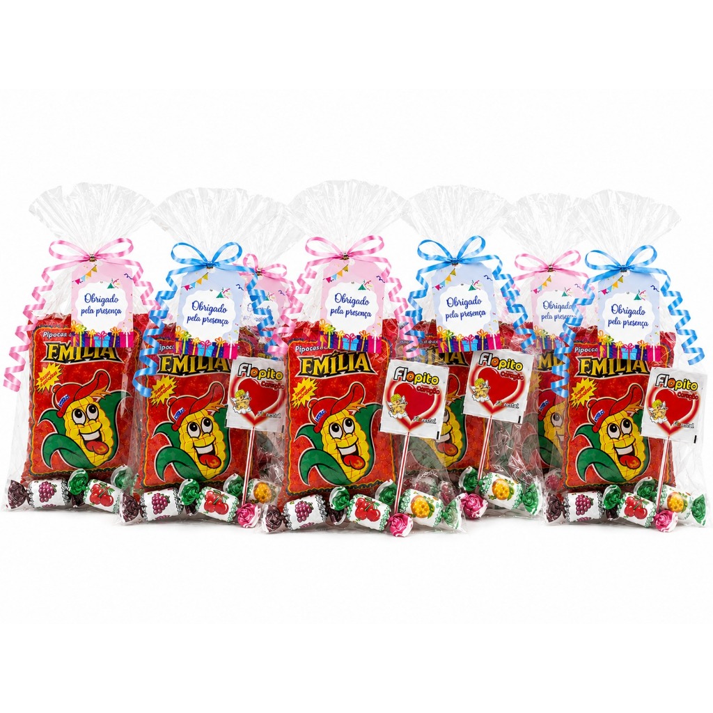 Kit Sacolinhas Surpresa Saquinho De Doces - Pipoca Doce, Pirulito, Balas + Fitilho e TAG de agradecimento