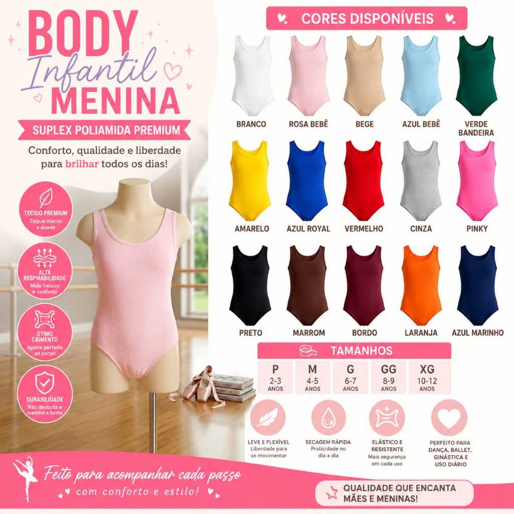 Body Feminino Infantil ballet com alças confortavel tecido Suplex Premium