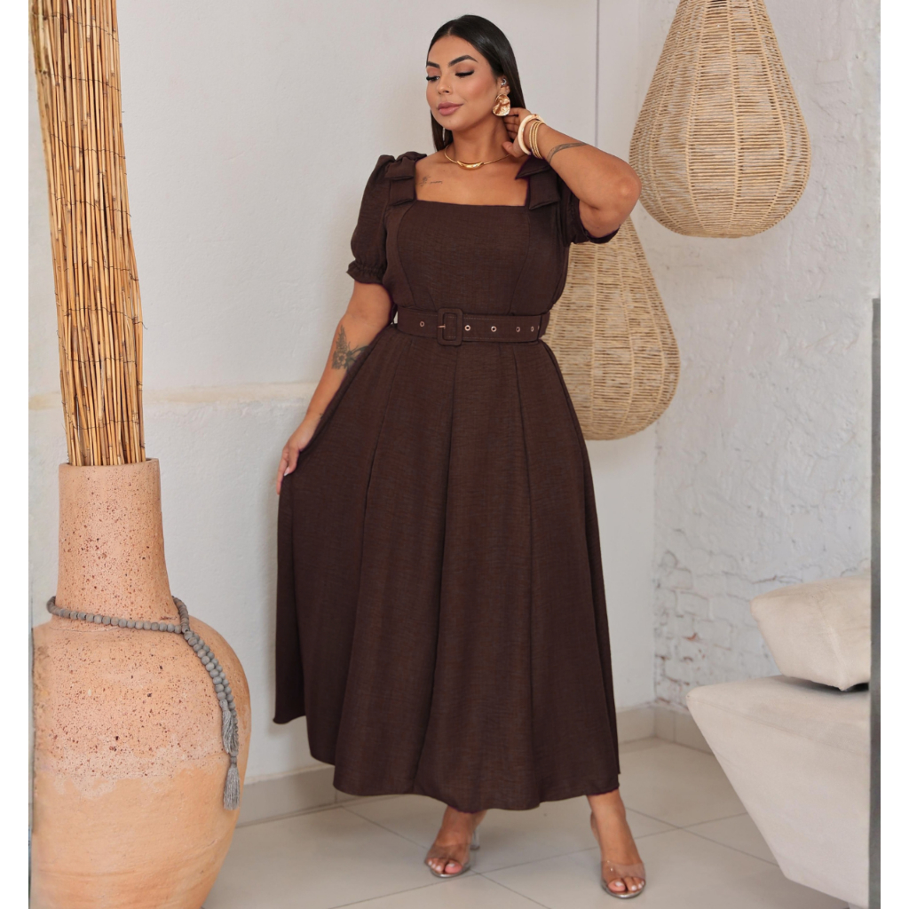 Vestido Plus Midi Cinto Evangelico Manga Curta Laço Cristã Formatura Madrinha Casamento Linho Festas