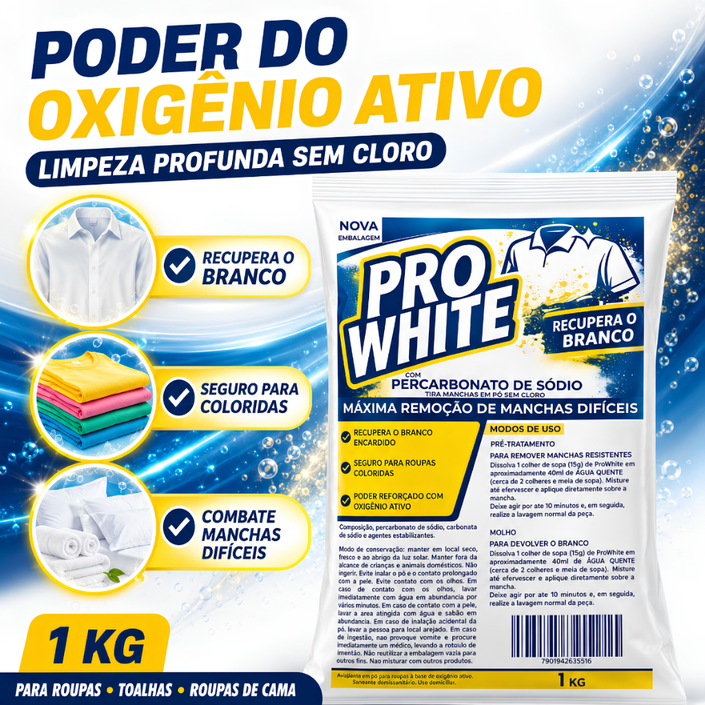 Percarbonato de Sódio Tira Manchas Alvejante Roupa Branca Produto de Limpeza 1KG Pro White