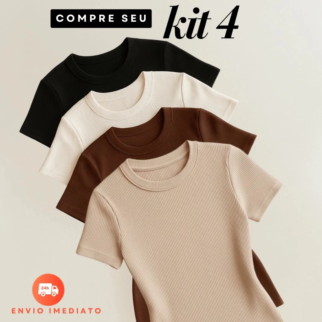 Kit 4 Blusas Feminina Ribana Canelado Básica Casual Estilosa Tendência Verão — imagem 1