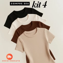 Kit 4 Blusas Feminina Ribana Canelada Poliester Básica Casual Estilosa Tendência Verão