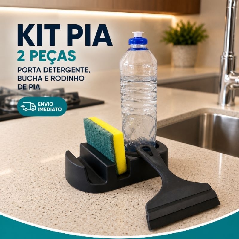 Kit Pia Completo 2 Peças Porta Detergente Esponja + Rodinho de Pia Multiuso