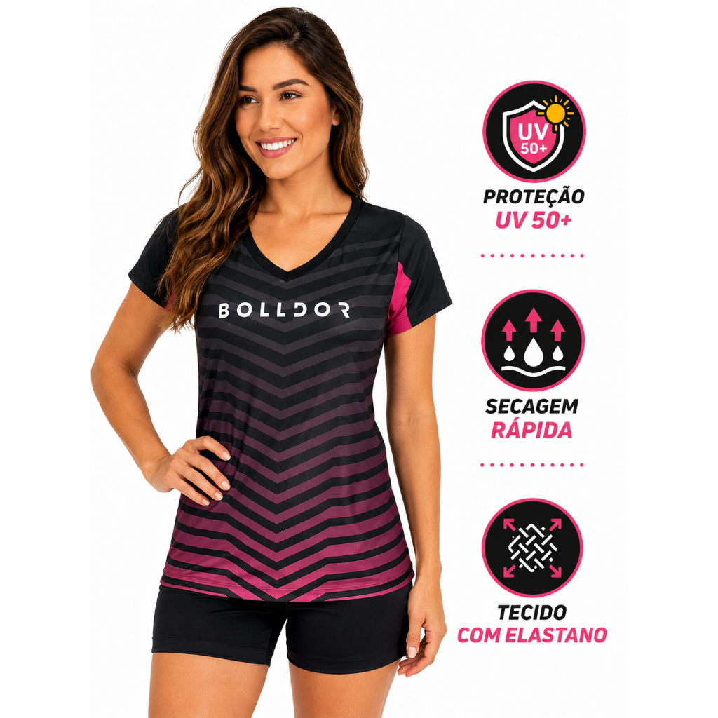 Camisa Dry Fit Feminina com Elastano UV50+ Academia Treino Corrida Manga Curta