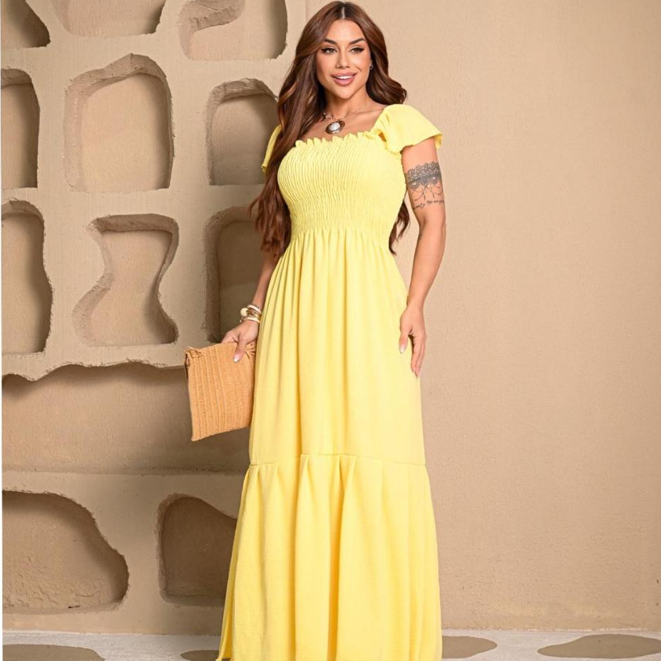 Vestido Longo Feminino Elegante Casual Versátil Ombro A Ombro Confortável Moda Gestante Básico Soltinho