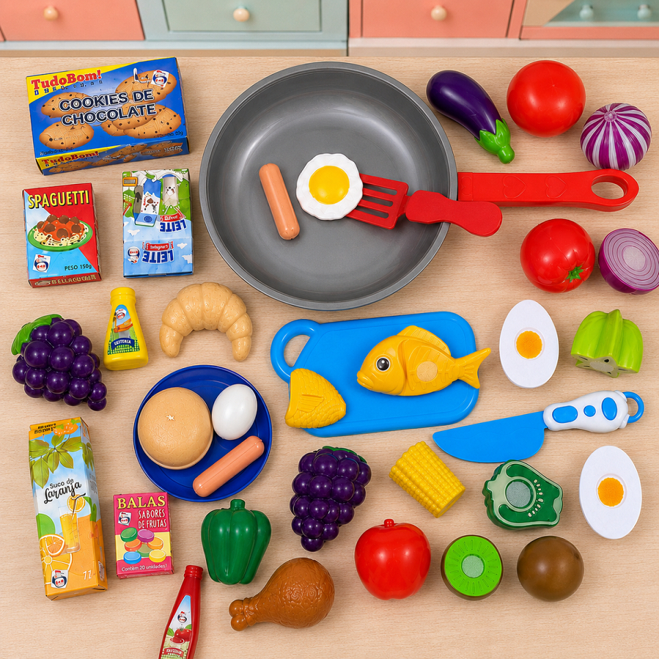 Mercadinho Frutas e Legumes de Cortar com Velcro + Frigideira C/ Comidinhas de Brinquedo Infantil