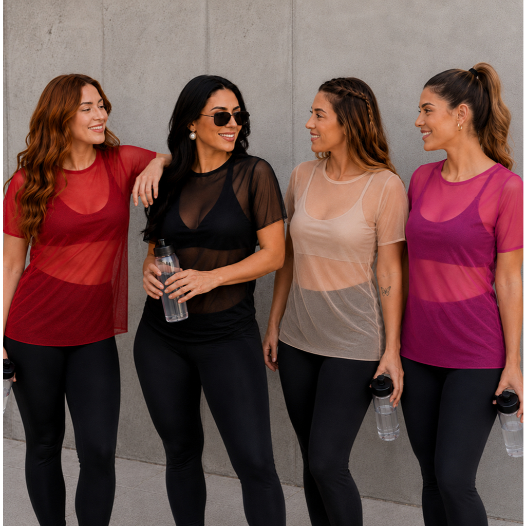 Kit 4 Blusa Feminina Transparente de Tule Manga Curta Camiseta Academia Treino