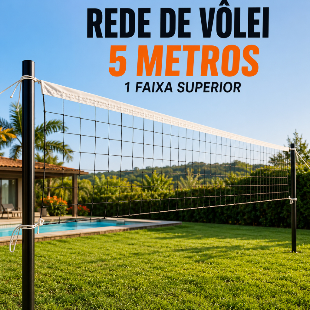 Rede Vôlei 5 Metros Recreação Polietileno Alta Resistência 1 Faixa Superior Fácil Instalação Lazer