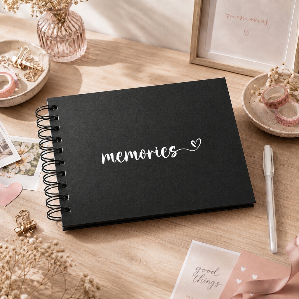 Kit para Colar Fotos: Álbum Scrapbook A5 + Caneta Gel + Adesivos