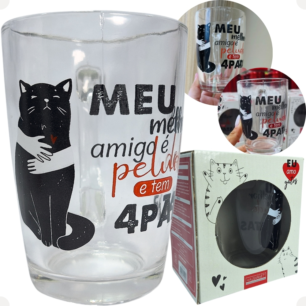 Caneca de Vidro Gato Meu Melhor Amigo É Peludo e Tem 4 Patas de 320ml Haüskraft