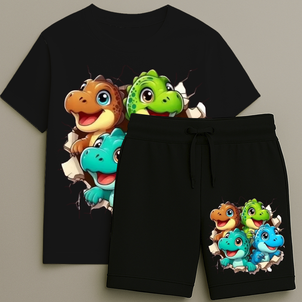 Camiseta e Bermuda Dinossauros Ovo Conjunto Masculino T-shirt Estampada Shorts Blusa Tamanho 2 ao 16
