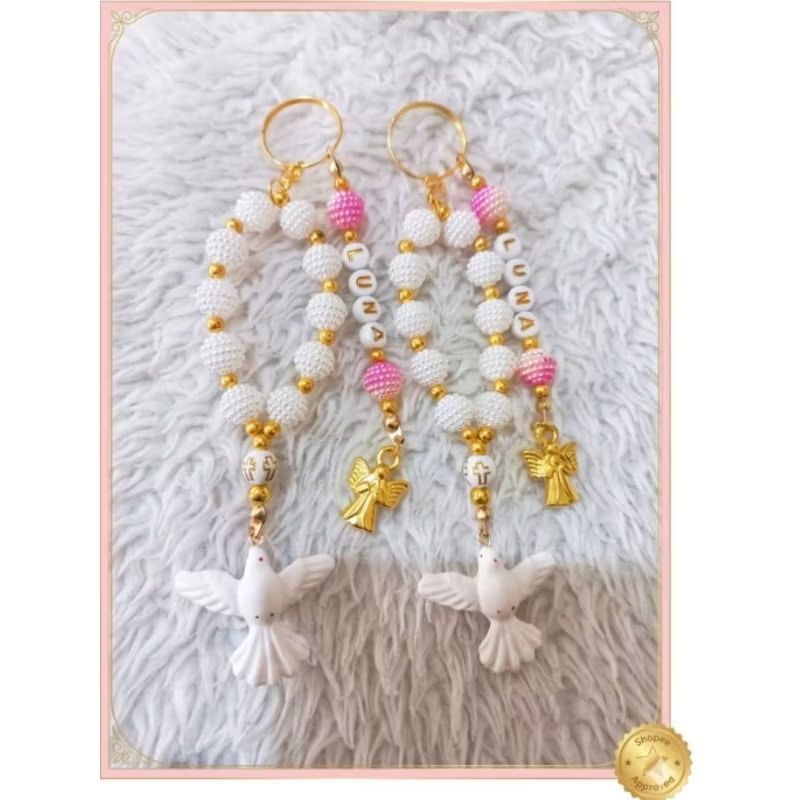 6 Mini Terço Chaveiro Personalizado com Nome | Lembrancinha Religiosa Batizado e Comunhão