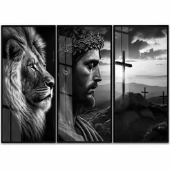 Kit Quadros Decorativos Leão de Judá e Jesus Cristo com Cruz 3 Peças em Preto e Branco | Arte Cristã Religiosa