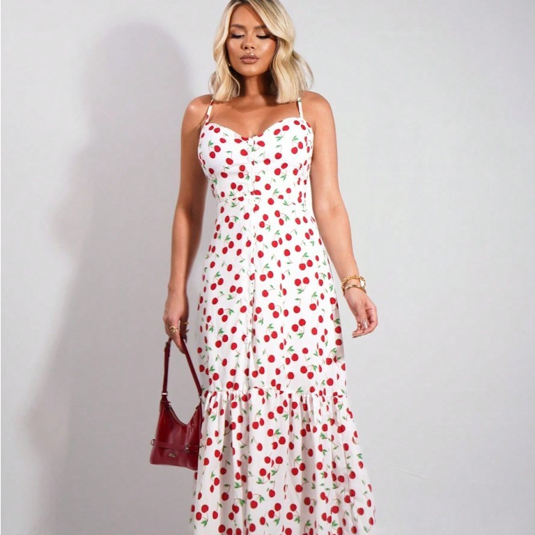 Vestido Mid Cereja. Vestido Cherry Com Botoes Que Abrem Babado