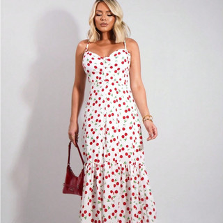 Vestido Mid Cereja. Vestido Cherry Com Botoes Que Abrem Babado