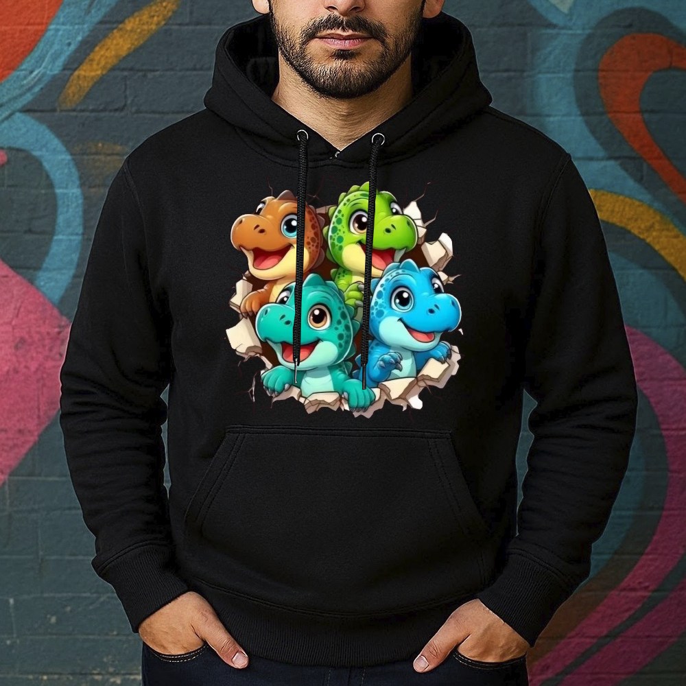 Blusa de Moletom Estampada Dinossauro Colorido Canguru Masculina Confortável Do Tamanho P ao GG