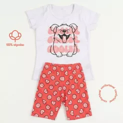 Conjunto Infantil Menina Verão Blusa Algodão + Capri Roupa de Criança Cachorro Dog 1 a 10 Anos