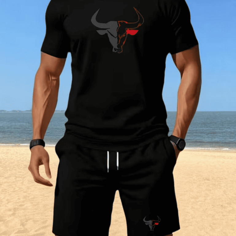 Kit Conjunto Masculino Camiseta Algodão Short Tactel Estampado Touro Estilo Verão Leve E Confortável