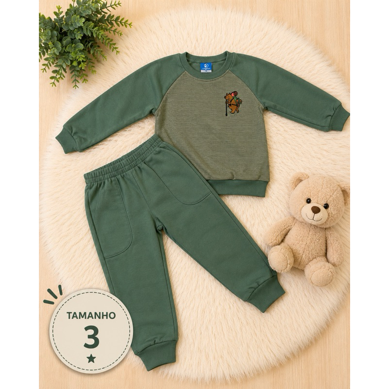 Conjunto Infantil Menino Moletom Verde Blusa e Calça Inverno Menino Casual Tamanho 3