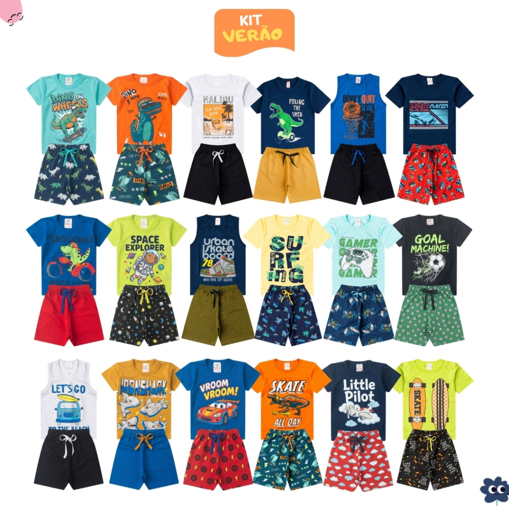 Kit Sortido 12 Peças Roupa Infantil Menino Conjunto Verão Criança Masculino Algodão Premium 6 Camisetas + 6 Bermudas