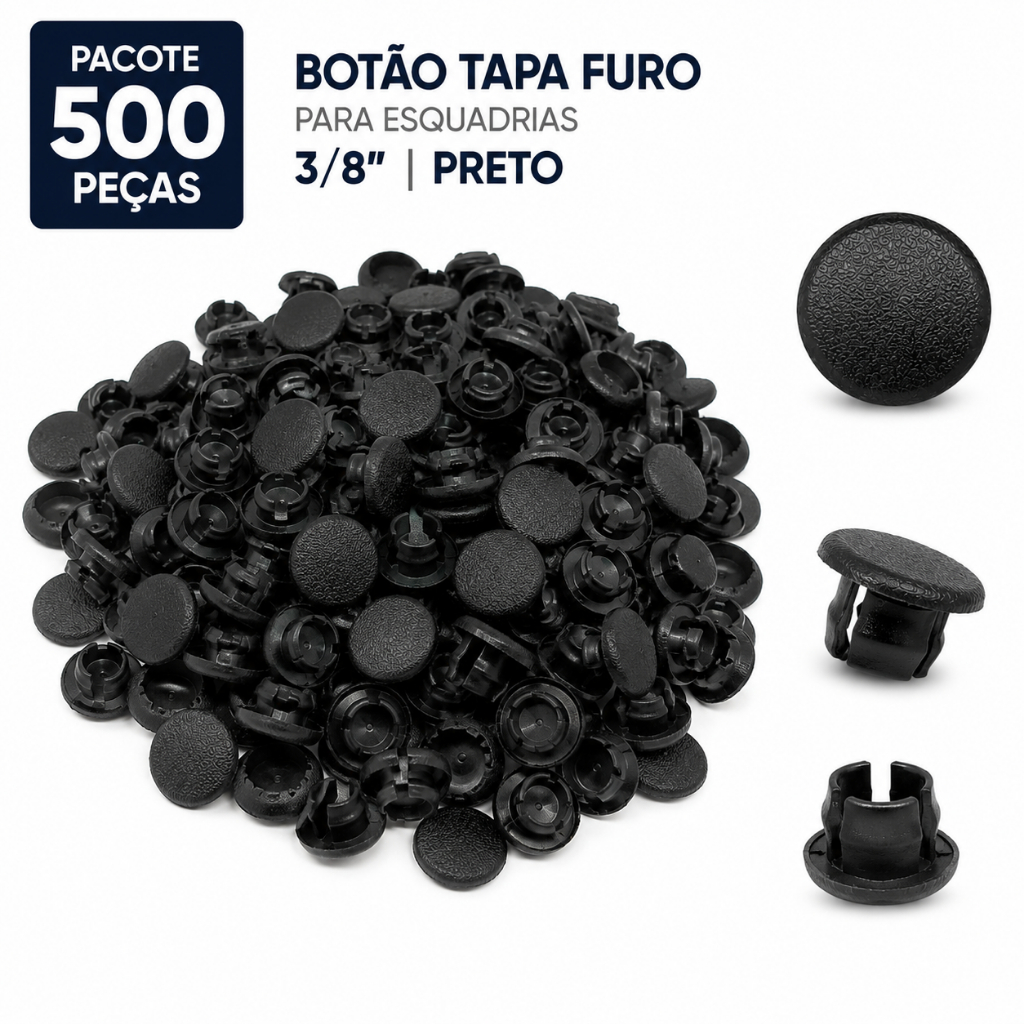 Pacote de 500 Peças de Botão Tapa Furo Para Esquadrias 3/8 Preto - Fast Vidros