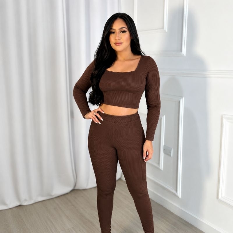 Conjunto Canelado 3D Feminino Premium Cropped Manga Longa Legging Confortável Casual Tendência
