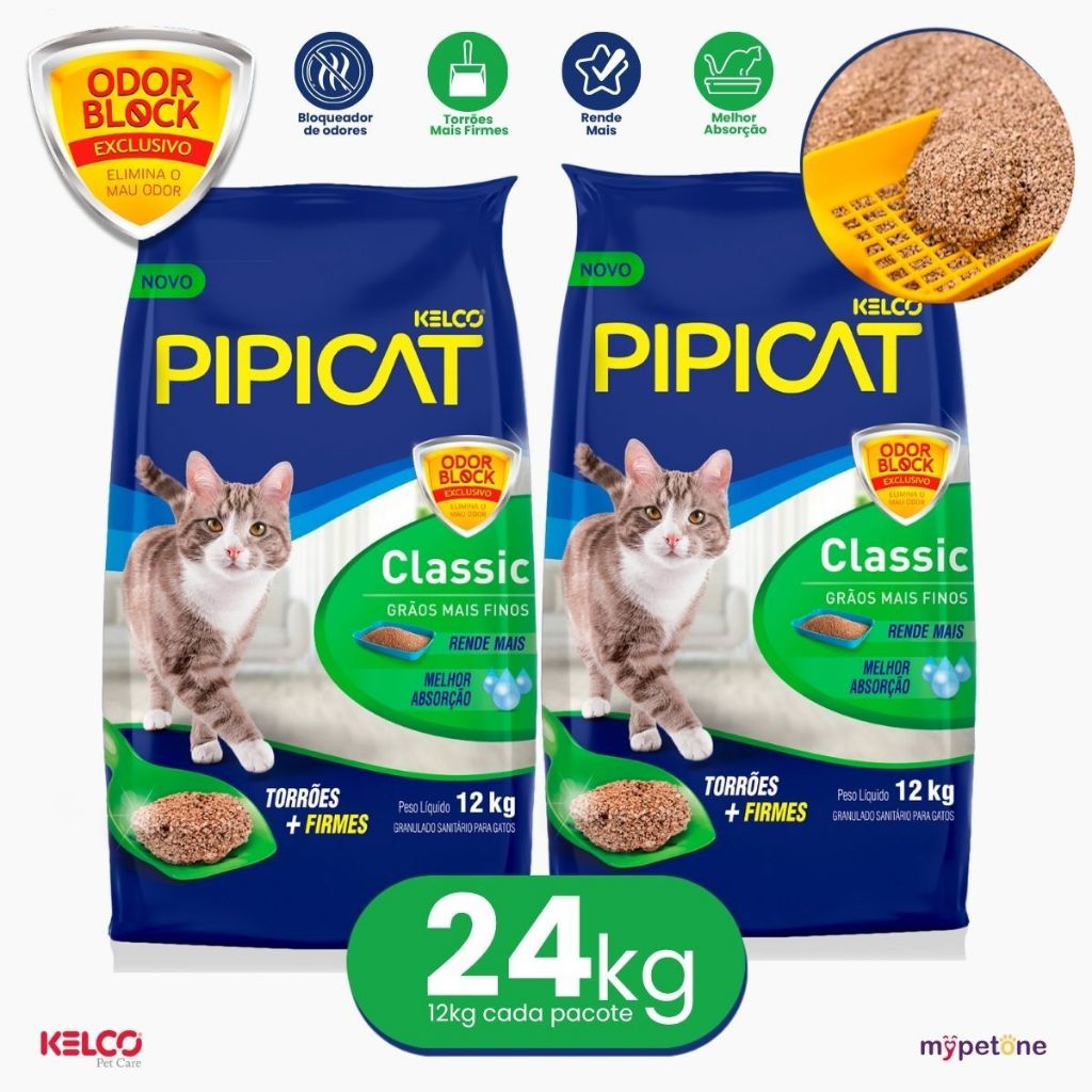 Kit 2 Areia Higiênica Pipicat Classic Grãos Mais Finos 12 kg