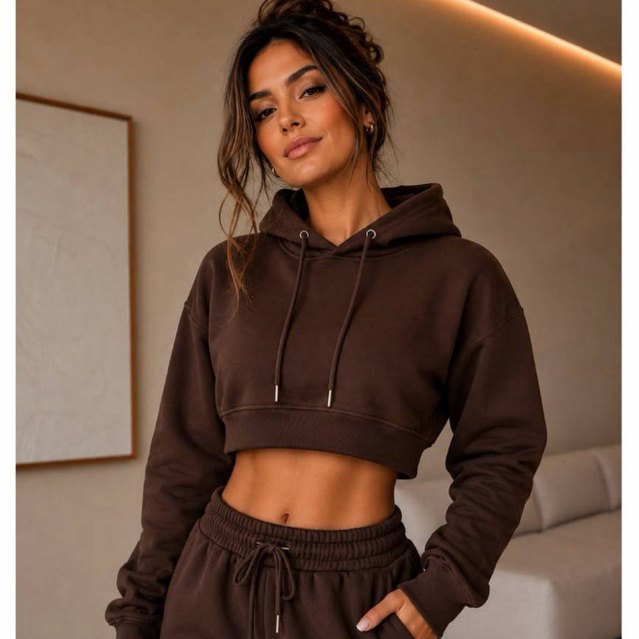 Blusa Cropped moletom adulto frio feminino com capuz flanelado liso