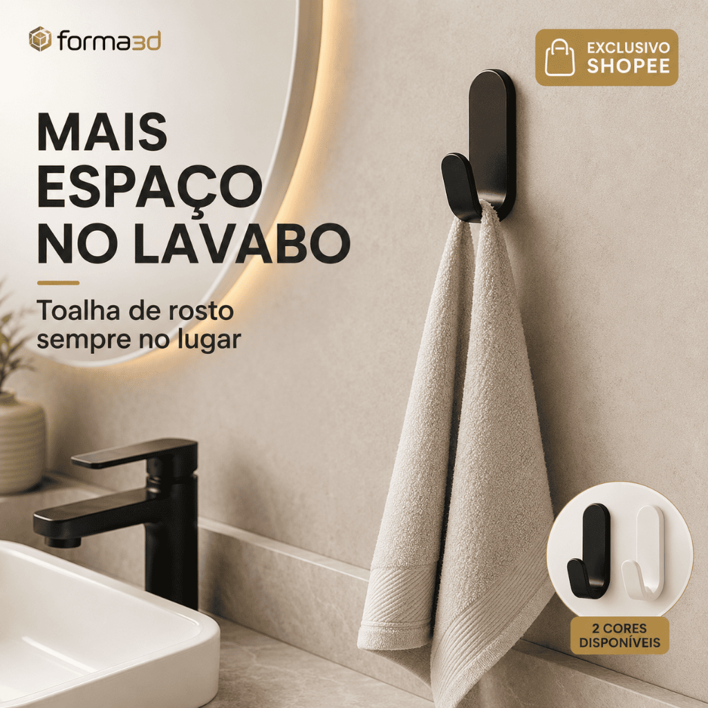 Porta Toalha de Rosto para Lavabo Gancho Adesivo de Parede Sem Furo 3M Preto ou Branco