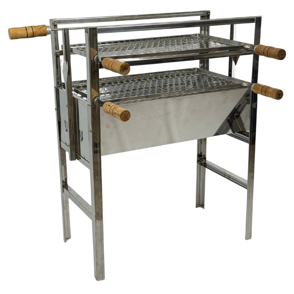 Churrasqueira Inox portátil Desmontavel Com Grelha Inox Espeto Inox e Suporte espeto