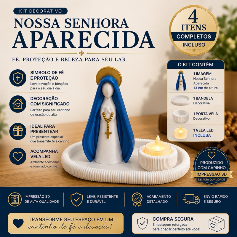 Kit Nossa Senhora Aparecida Kit Decorativo | Imagem 13cm + Bandeja + Porta Vela + Vela de Led | Decoração Religiosa
