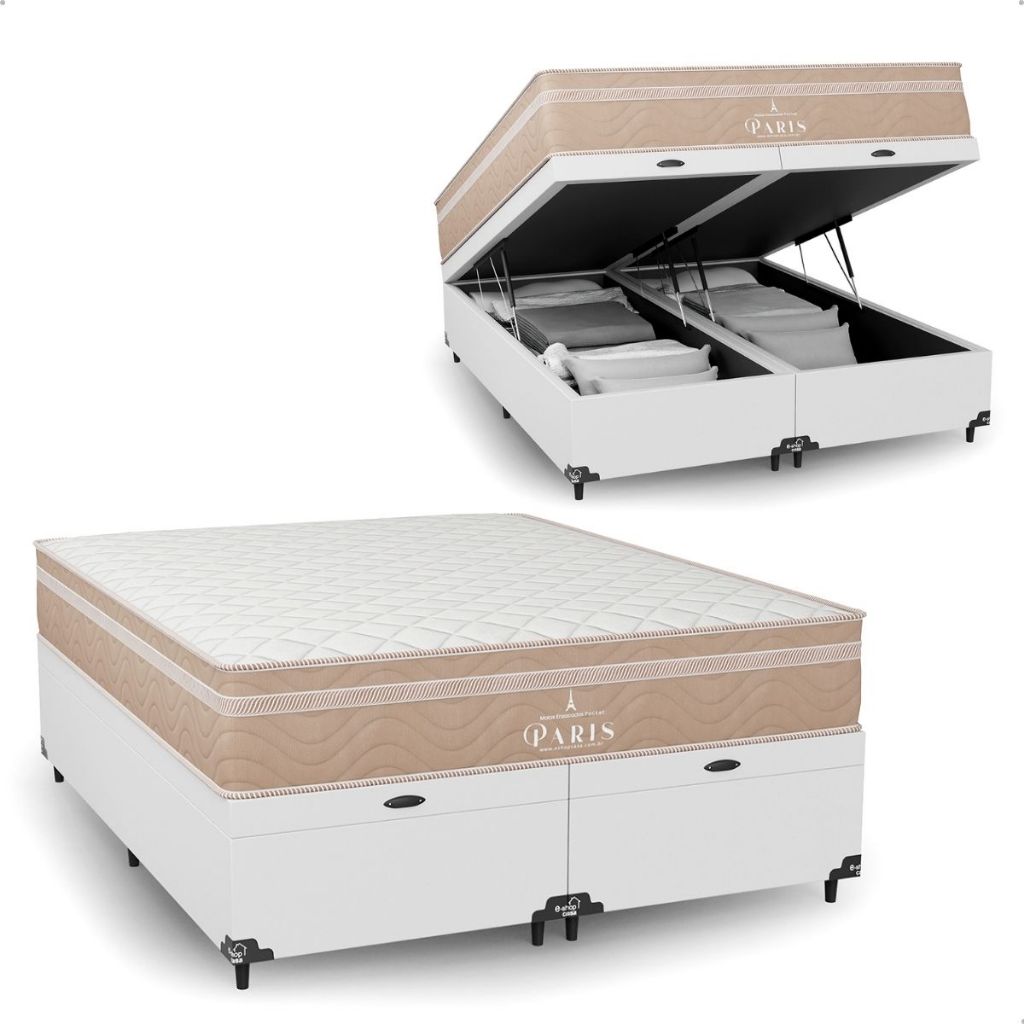 Cama Box Baú Queen Couro Branco + Colchão Paris Molas Ensacadas - e-Shop Casa