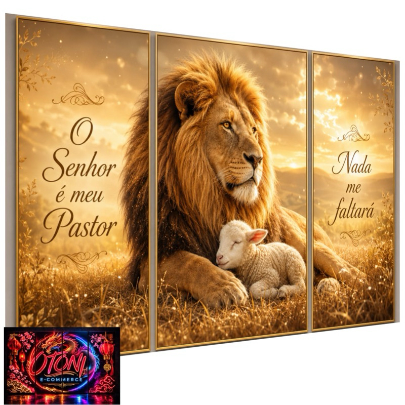 Quadros Decorativos Leão De Judá E Cordeiro De Deus Pasto Religioso 3 Peças Sala Quarto Escritório Decoração